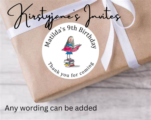 Personalised birthday party Roald Dahl Matilda stickers