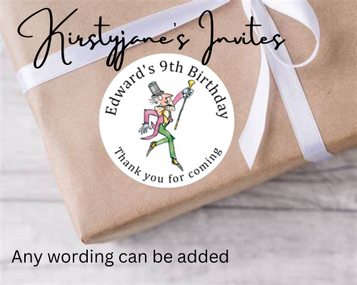 Personalised birthday party Roald Dahl Willy Wonka stickers